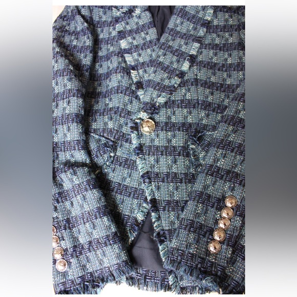 $698 Veronica Beard Cutaway Dickey Jacket Blazer blue luxe fringe trim tweed 8 - Picture 12 of 16